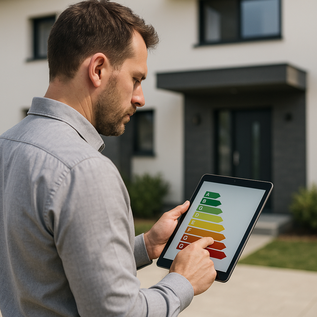 Technicien RGE réalisant un audit énergétique complet d'une maison en France.